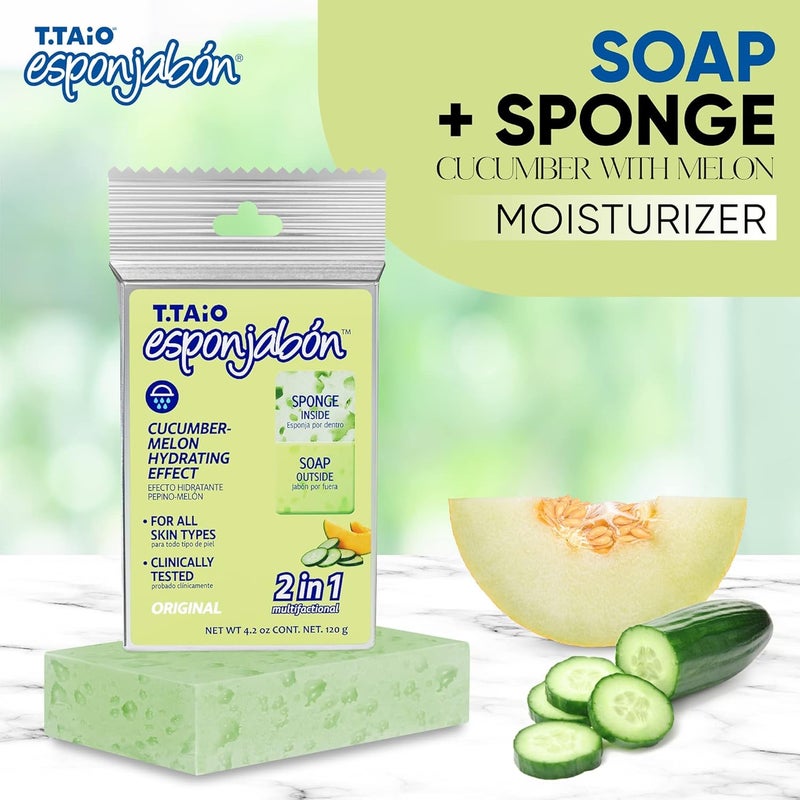 T. Taio Esponjabon Soap Sponge - Cleansing Shower Scrubber - Cleaning Bath Wash Scrub - Oil Removal - Massage & Lather Foot, Elbow, & Face - Bathroom Accessories - Cucumber & Melon Soap - Image 4